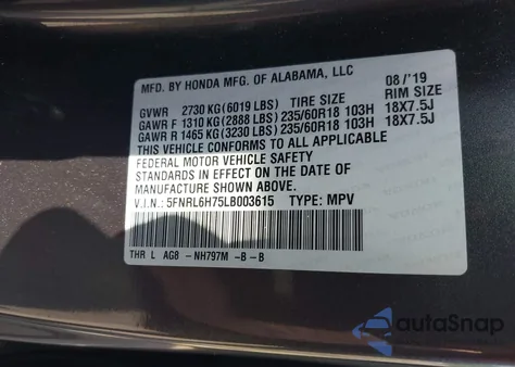 2020 Honda Odyssey Ex-L/Ex-L W/Navi Res из США, поврежденный, VIN 5FNRL6H75LB003615